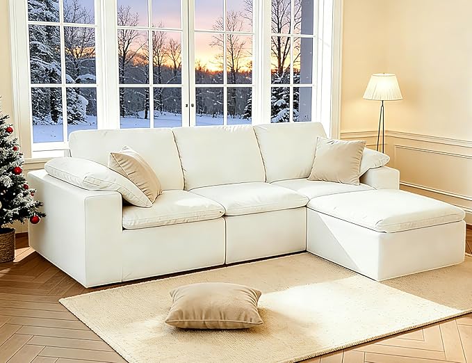 ANONER 108" Cloud Sectional Couches for Living Room, Boneless L Shaped Modular Sectional Sofa with Ottoman, Deep Seats Comfy Chenille Cloud Couch, Convertible, No Assembly, Beige