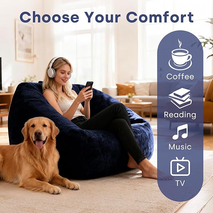 SUNBURY 47.2" L-Shaped Bean Bag Chair with Arms, Memory Foam Filled Lazy Sofa with Portable Handle & Side Pocket, Plush Floor Chair for Adults, Game Room, Bedroom, Living Room (Blue)
