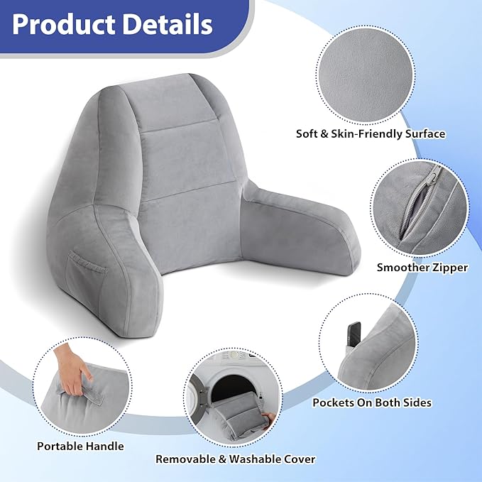 IASEAHK Reading Pillows for Sitting in Bed Adult, Back Pillow for Bed Sitting Up, Backrest Pillows with Shredded Foam for Adult&Teens, Support Pillow with Arms for Beds, Couch, Floor, 20in, Grey