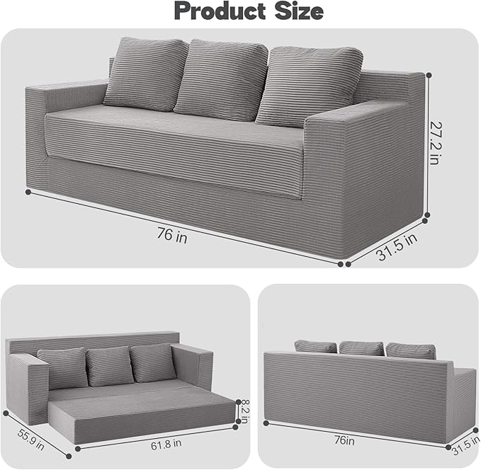 MeMoreCool Sleeper Sofa Bed – 3 Seater Convertible Floor Couch with Pillows, Grey Corduroy Foam Lounger, No Assembly Comfy Folding Futon | Space-Saving Foam Sofa for Small Rooms & Apartments