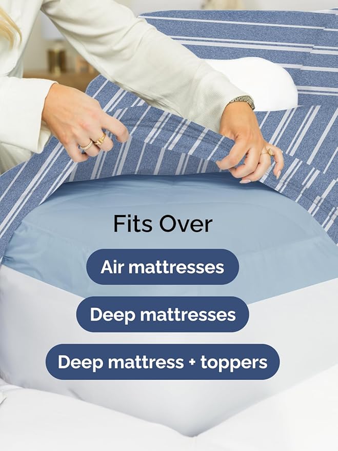 Extra Deep Pocket Twin Sheets - 3 Piece Breathable & Cooling Bed Sheets - Hotel Luxury Bed Sheet Set - Soft, Wrinkle Free & Comfy - Easily Fits Extra Deep Mattresses - Deep Pocket Blue Striped Sheets