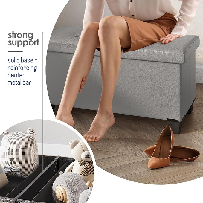 Storage Ottoman Bench with Bins, 30-in Storage Bench for Bedroom End of Bed, Folding Foot Rest Ottoman for Living Room Max 660lbs, Faux Leather Ottomans, Light Grey