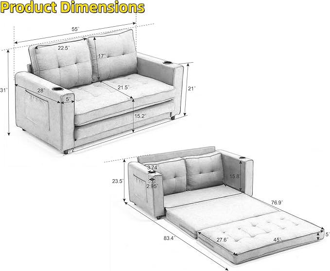 oaaktu 57-Inch Velvet Full Size Sleeper Sofa Couch with Pullout Bed,Convertible Pull Out with Golden Decorative Strip and Adjustable Backrest for Small Spaces,Apartment, Guest Room, RV (2325dark gray)