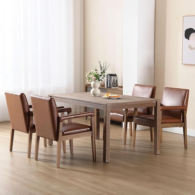DM Furniture Mid Century Modern Dining Chairs Set of 6 Faux Leather Upholstered Accent Chairs Comfy Kitchen Chairs with Solid Wood Frame Armchair for Living Room, Brown