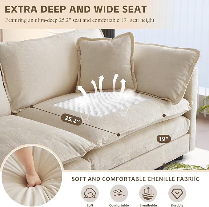 SoarFlash Chenille Sectional Sofa, Comfy Modular Coush Sofa with Ottoman, Modern 3 Seat Recliner Deep Seat Sofa Set for Living Room,Light Coffee