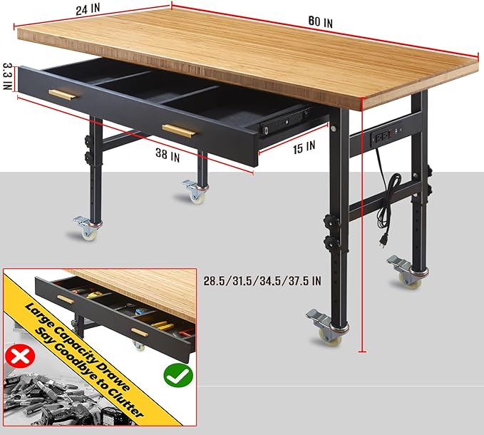 60in Heavy-Duty Adjustable Height Workbench with Wheels, 2700LB Capacity Mobile Work Table with Wood Drawers, Solid Bamboo Desktop & Built-in Power Strip for Garage Workshop