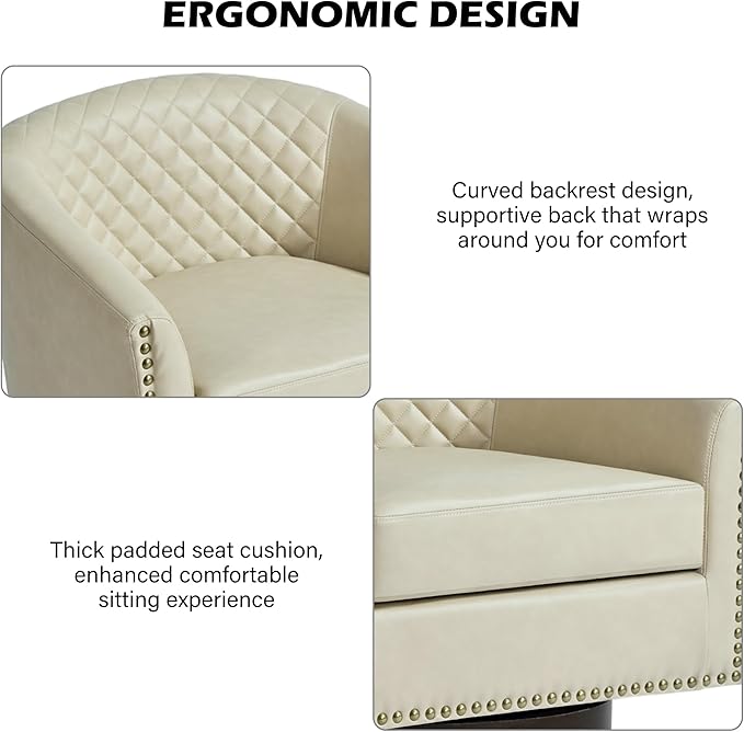 DREAMSIDEA Swivel Barrel Accent Chair, Comfy Modern Upholstered Round Faux Leather Arm Chair for Living Room, Bedroom - Beige, Set of 2