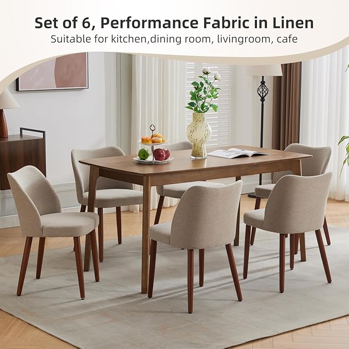 ElfinAura Dining Chair Set of 4, Linen Upholstered Dining Chair with Wood Legs, Wing Backrest, Wooden Kitchen Chair, Kitchen Chairs with Thick Cushions for Dining Room, Living Room, Khaki