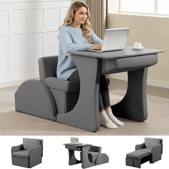 Reading Chair, Chaise Lounge Chair Indoor, 3 in 1 Multiple Convertible Pull Out Lounge Couch, Fabric Reading Chairs, Single Sleeper Sofa with Adjustable Backrest for Dorm, Bedroom, College, Grey