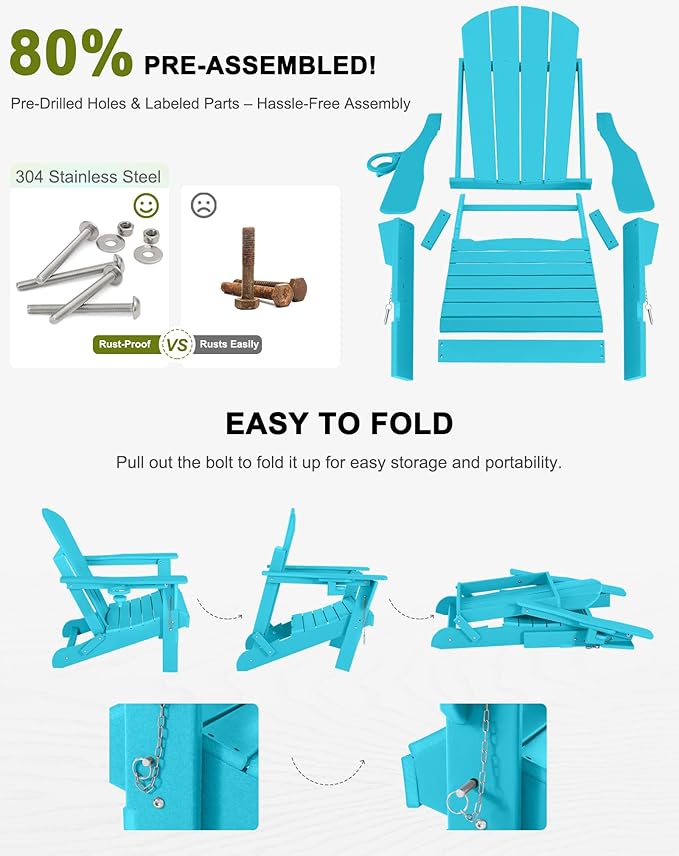 Folding Adirondack Chairs Set of 6- Plastic Adirondack Chairs with Cup Holder, Weather Resistant for Outdoor, Patio, Lawn, Garden, Backyard Deck, Fire Pit - Turquoise