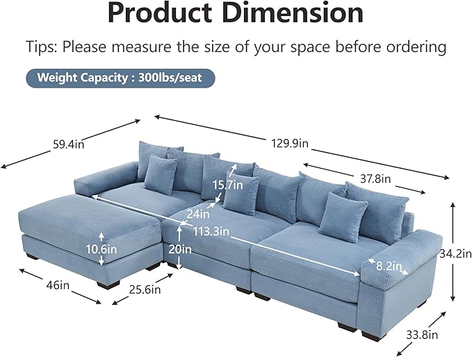 KEIKI 130" L-Shaped Oversized Corduroy Modular Cloud Sectional Sofa with 1 Ottoman, High-Density Foam Cushion, Extra-Thick Armrest, 3-Seater Fluffy Corner Couch with 9 Pillow, for Living Room, Blue