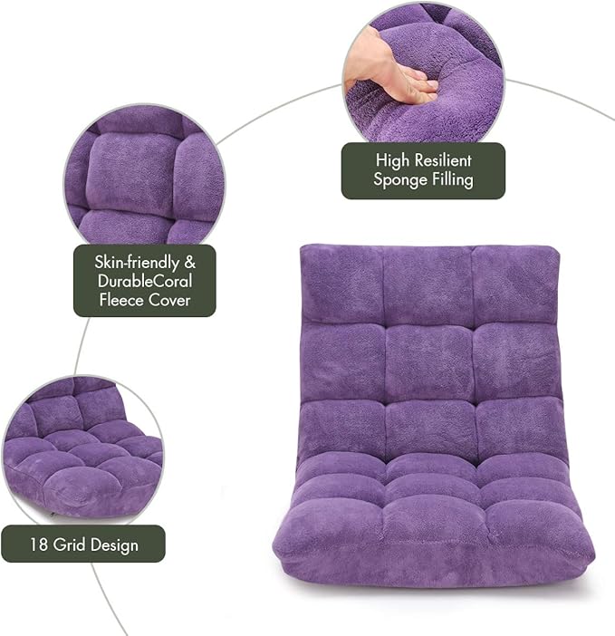 S AFSTAR Cushioned Floor Chair, 14-Position Adjustable Padded Lazy Recliner with Comfortable Back Support and Skin-Friendly Cover, Great for Reading, Playing Game, Meditating (Tender Violet)