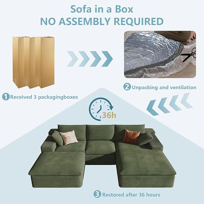 107" Cloud Sectional Couch with U-Shaped Chaise,Corduroy Viral Boneless Sofa with Ottoman,Memory Foam Couches in a Box with Deep Seat for Living Room,No Assembly Required (Green,Right-Facing Chaise)