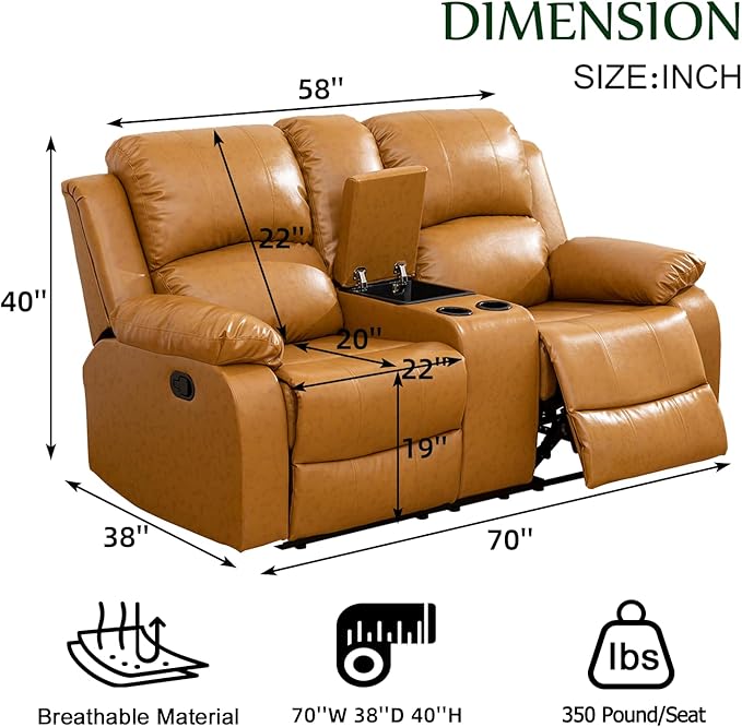 Caberryne Leather Recliner Sofa，Reclining Loveseat for Living Room Furniture Sets, Ginger Double Recliner Loveseat for Living Room/Office/Theater Seating/Rv(2 Seater Couch)