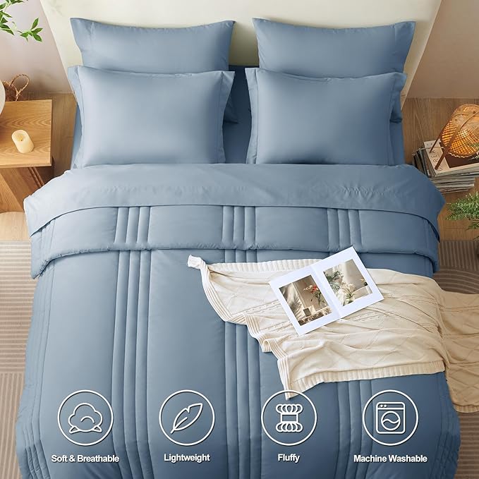 CozyLux Full Comforter Set - 7 Pieces Bed in a Bag Grayish Blue Comforter Set with Sheets Luxury Bed Set All Seasons, Soft Bedding Set with Down Alternative Comforter, Sheets, Pillowcases & Shams