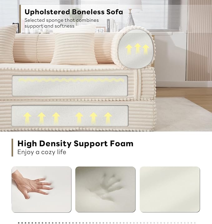 Tbfit 63'' Folding Boneless Couch, Convertible Loveseat Sofa Bed, Corduroy Futon Mattress Sleeper Sofa, Comfy Foldable Upholstered Floor Couches for Living Room, Beige