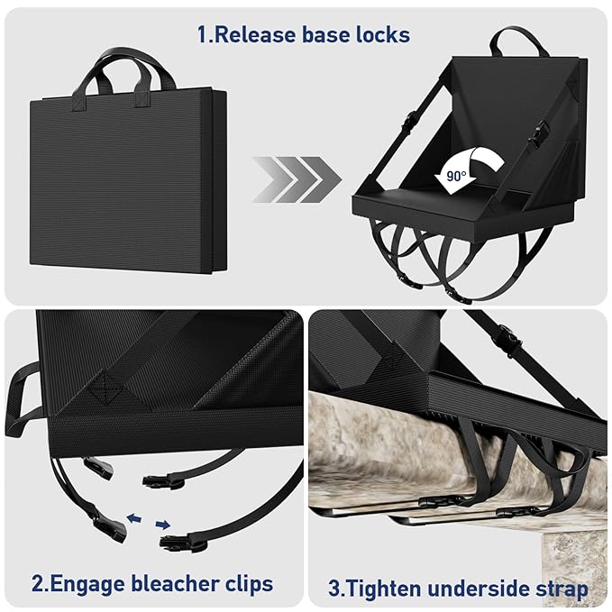 Stadium Seats with Back Support - Folding bleacher Chair for Beach and Camping - Portable Bleachers Cushions for Adults and Kids - Foldable Outdoor Lawn Bench for Camp (Black)