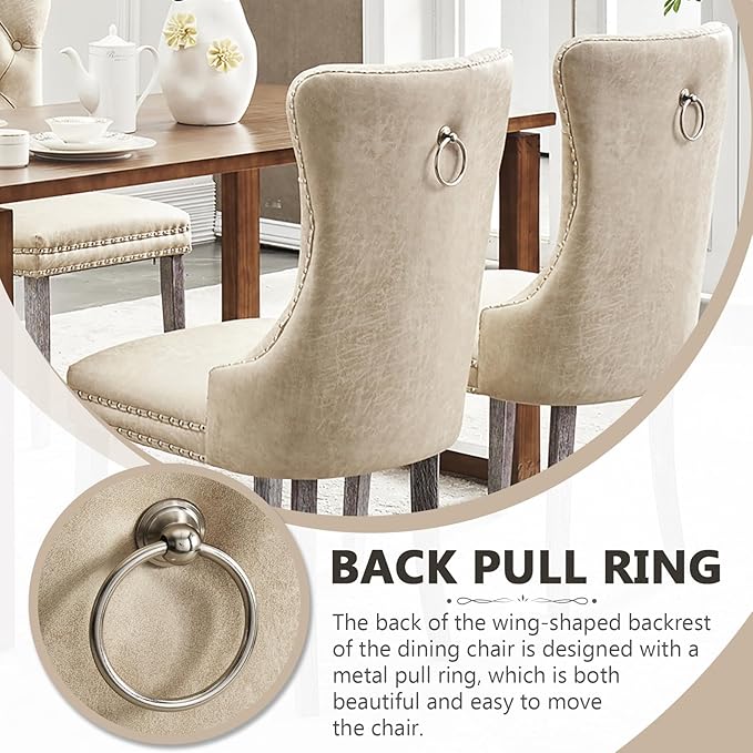Kiztir Leather Dining Chairs Set of 4, Upholstered Dining Chair with Nailhead Trim and Solid Wood Legs, Luxury Wingback Dining Side Chair for Living Room, Bedroom, Kitchen (Beige)