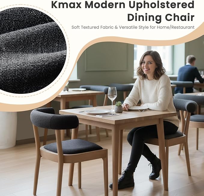 Kmax Dining Room Chairs Mid-Century Modern Fabric Kitchen Chairs with Natural Walnut Finished Frame, Linen Curved Back, 2-Pcs Set, Charcoal Black
