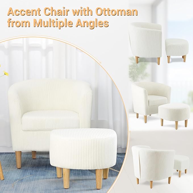 DAZONE Accent Chair, Barrel Chair with Ottoman Comfy Armchair Corduroy Living Room Chairs Mid Century Modern Chair Upholstered Club Tub Sofa Chair for Bedroom Reading Room Ivory