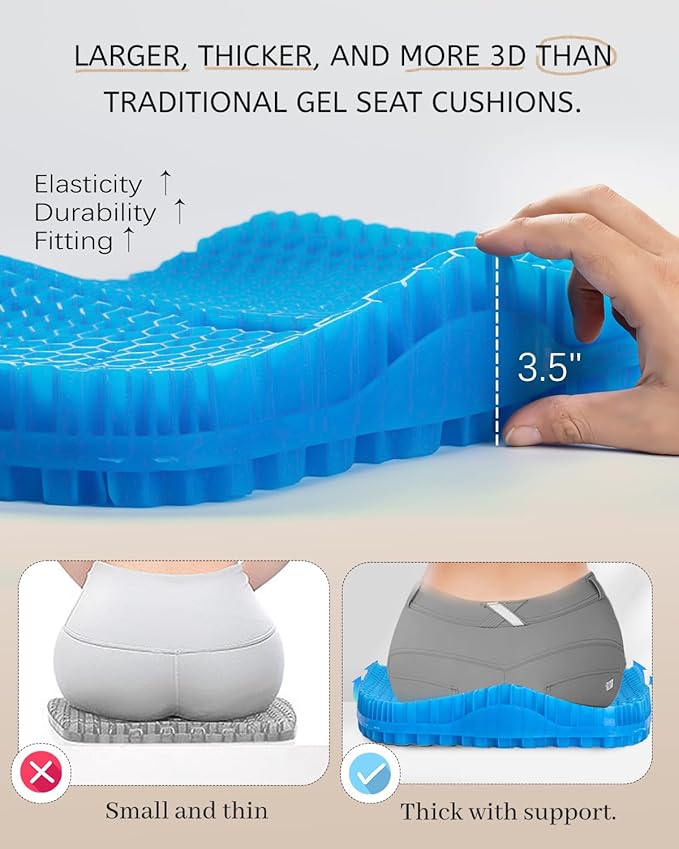 Anzeng Gel Seat Cushion for Long Sitting, Gel Cushion for Pressure Relief, Soft & Breathable, Chair Cushion for Office Chair, Car, Wheelchair, Seat Cushion with Non-Slip Black Cover