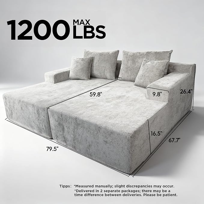 SYTOPIA Loveseat Chaise Lounge with Armrests, Oversized Sofa Bed with 4 Pillows, Cozy Boneless Sleeper, Modular Sectional Couch for Living Room Bedroom, Floor Chair Furniture sala Chenille, Urban Grey