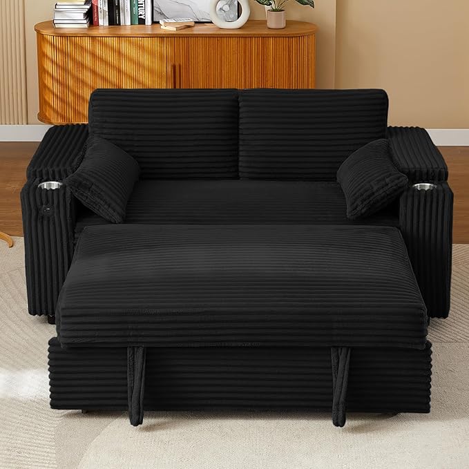 Convertible Corduroy Sofa Bed with USB Charging Port & Cup Holders, 68.11" Foldable Sleeper Chair with Armrests & Pillows, 3-in-1 Floor Futon for Living Room, Bedroom, Guest Room，Easy Assembly
