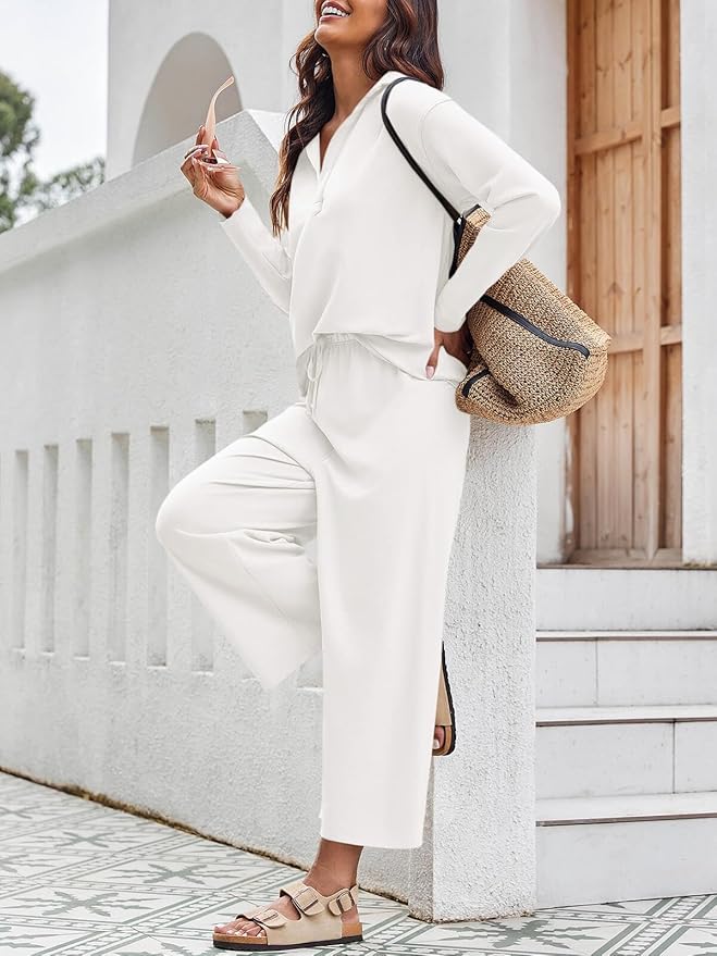 Imily Bela Womens 2 Piece Outfits Sweatsuit Long Sleeve Lapel V Neck Shirt and Wide Leg Pants 2025 Fall Trendy Tracksuit