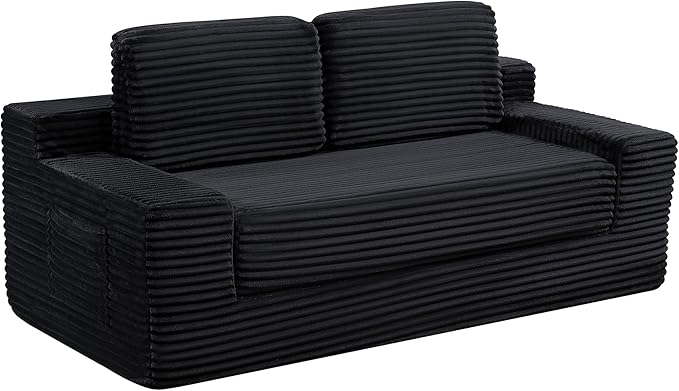 Loveseat Cloud Boneless Couch, Upholstered Floor Sofa with Armrests, 2-in-1 Convertible Corduroy Couch Bed for Living Room, Apartment, Black