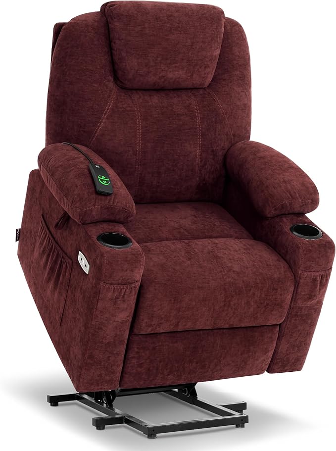 MCombo Small Power Lift Recliner Chair Sofa with Massage and Heat for Petite Elderly, 3 Positions, Cup Holders, and USB Ports, Extended Footrest, Fabric 7141 (Sangria)