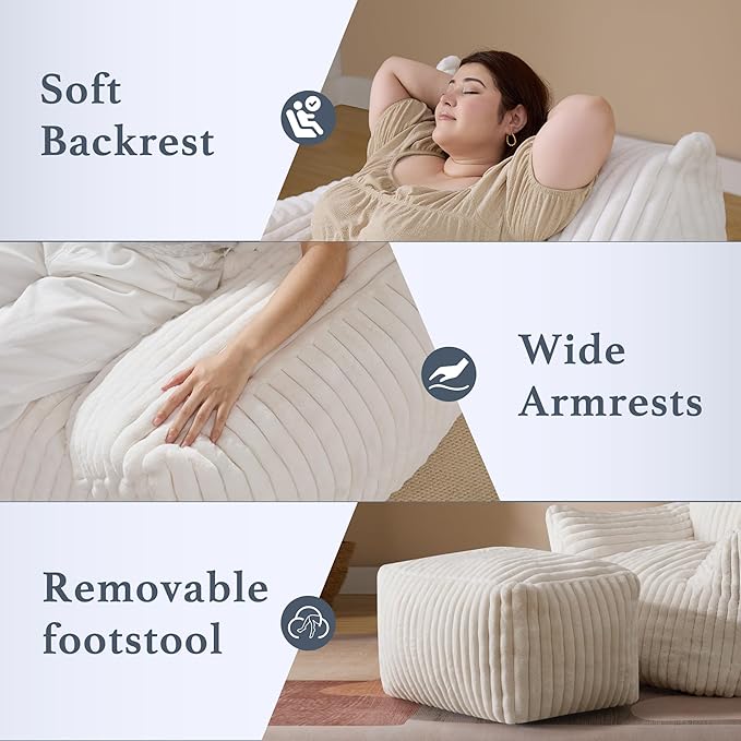 Oversized Bean Bag Chaise Lounge Chair Indoor for Adults with Armrests & Ottoman - Giant Comfy Beige Beanbag Lazy Floor Sofa Cloud Accent Chair for Reading, Gaming, Cozy Fluffy Cloud Mini Couch