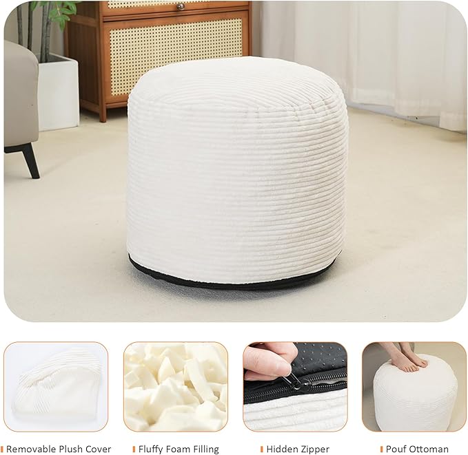 Yueyocici Pouf Ottoman Stuffed Round Modern Foam Filled Foot Rest Corduroy Poufs for Living Room Chair Decorative 20 X 15 Inches Fluffy Pouf Foot Stool Storage Ottoman, Beige