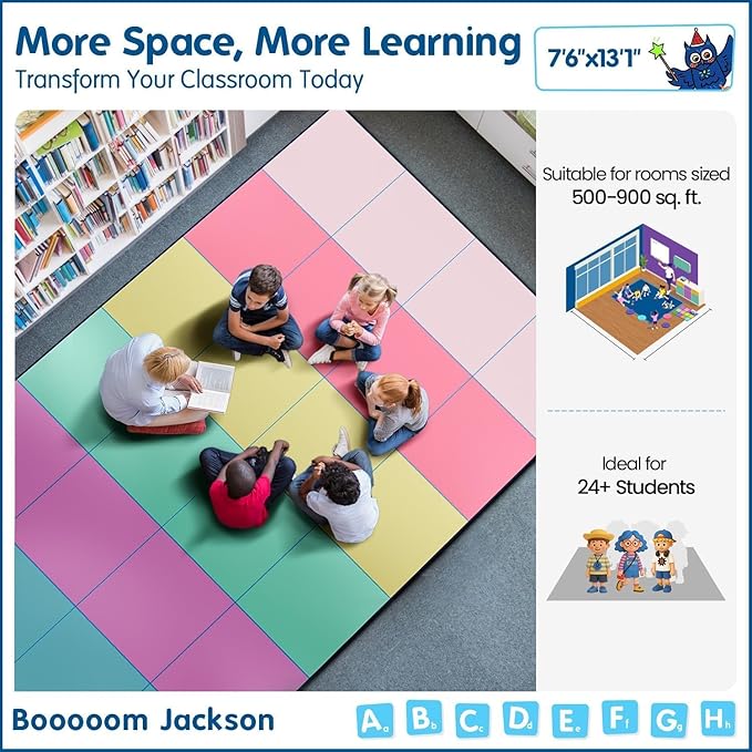 Booooom Jackson 7'6''x13' Pastel Rainbow Classroom Rug for Kids Room Seating Décor - Thick Nylon Large Preschool Carpet Daycare Rug for Teaching & Playroom, Non-Slip &No Triping,20X Stain Resistance