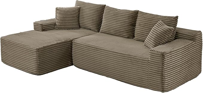 HYJT-H&K Modular Sectional Sofa Cloud Sectional Couch, 95" Comfy Fluffy L Shaped Brown Couches for Living Room, Deep Seat Memory Foam Plush Corduroy Boneless Couch Sectionals Left Facing Chaise Sofa