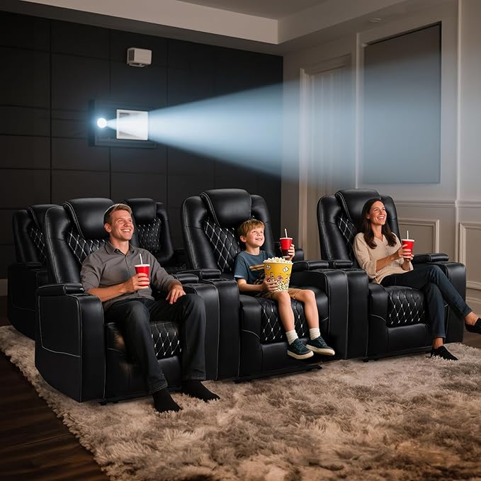 ANJ Power Recliner Chair with USB Ports and Cup Holders - Overstuffed Electric Home Theater Seating PU Leather Reclining Furniture with Hidden Arm Storage, Easy to Clean (Set of 2, Black)