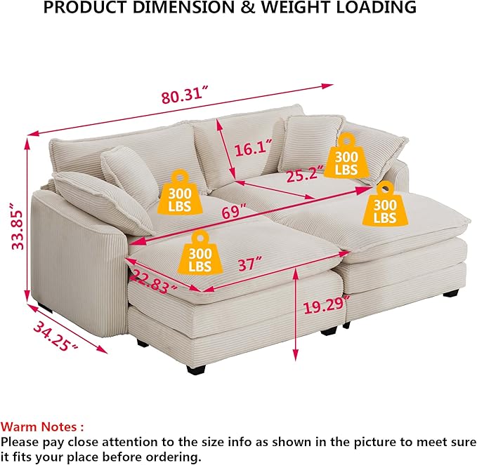 Aoowow Oversized Loveseat Couch with Ottomans,Modern Corduroy 2 Seater Cloud Couches for Living Room,Modular Sectional Cloud Sofas Deep Seat,Double Lounger Sleeper Sofa