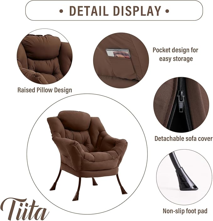 Tiita Lazy Chair, Modern Large Accent Lounge Armchair, Comfy Leisure Sofa Reading Chair for Bedroom, Living Room, Dorm Rooms, Garden and Courtyard, Brown