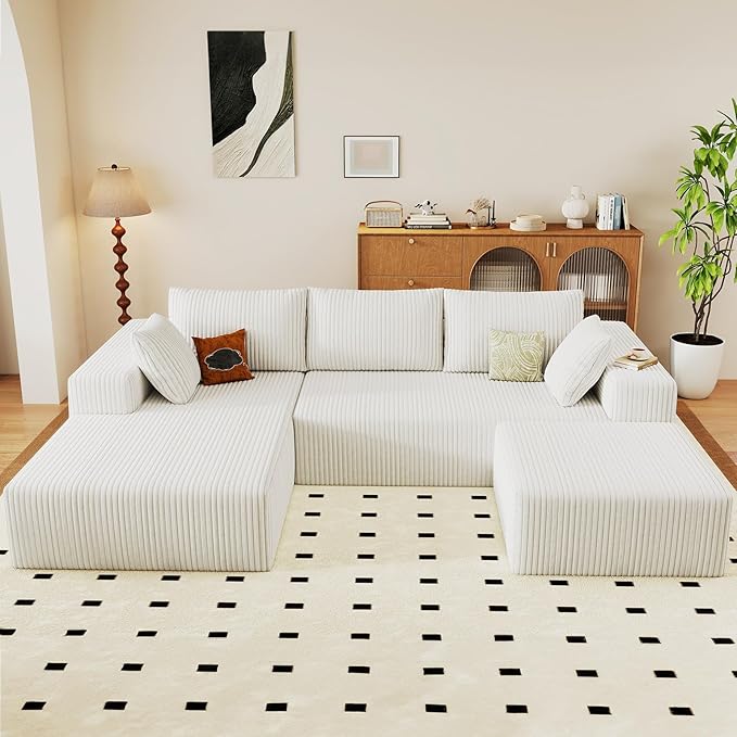96" W Cloud Sectional Couch with Ottoman,Modern U-Shaped Cloud Couch with Deep Seat,Comfy Corduroy 3-Seater Sofa,Memory Foam Sofa for Living Room,No Assembly (White,Left-Facing Chaise)