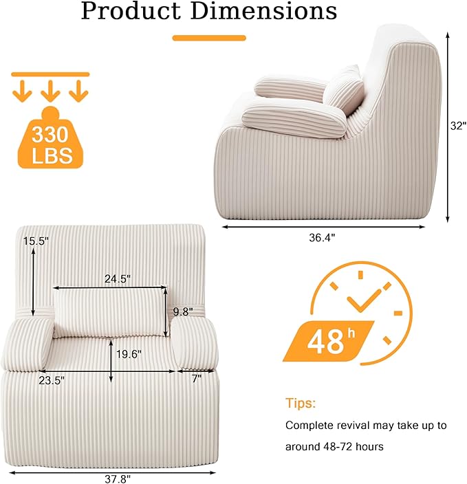 AHMED Boneless Chair, Corduroy Cloud Chair Foam Couch with Wide Armrest&Pillow, No Assembly Reading Single Sofa for Living Room/Bedroom/Apartment, Beige,Single