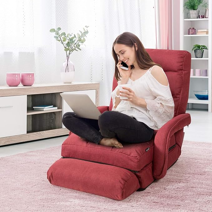 Giantex Folding Floor Chair with 6-Position Adjustable Backrest, Armrests & Removable Pillow, 330Lbs Capacity, Lazy Sofa Armchair, Chaise Lounge Bed, Gaming Recliner for Living Room Bedroom, Red