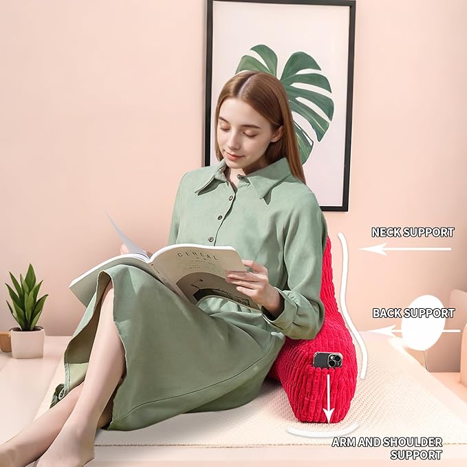 PAJEO Reading Pillow for Sitting in Bed, Large Backrest Reading Pillow with Arm Rest,Back-Rest Support Cushion for Sit Up on Couch, Sofa, and Floor, Dorm Essentials (Red Corduroy, Standard(17"))