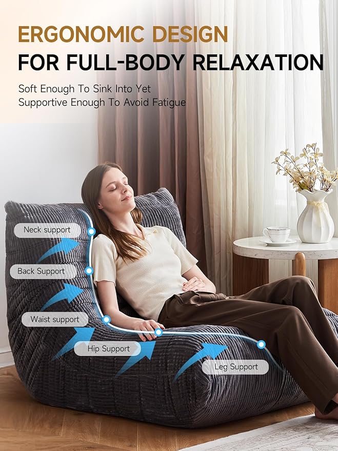 ZCUBED Large Bean Bag Chairs for Adults, Memory Foam Lounge Chair, Soft Corduroy Big Bean Bag Chair Lazy Sofa, Comfy Floor Beanbag Chair Single Sofa for Bedroom Living Room Fireside Book Nook, Grey