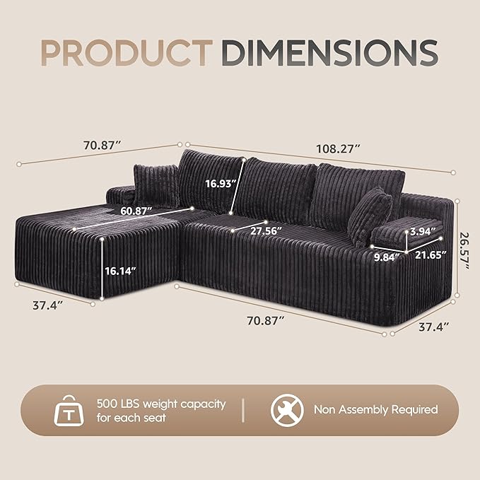 Modular Sectional Sofa Couches L-Shape Couch 3 Seat Modular Sofa Memory Foam Sectional Couches for Living Room, Cloud Couch with Oversized Chaise (Grey Stripe, 108" Left Facing Chaise)