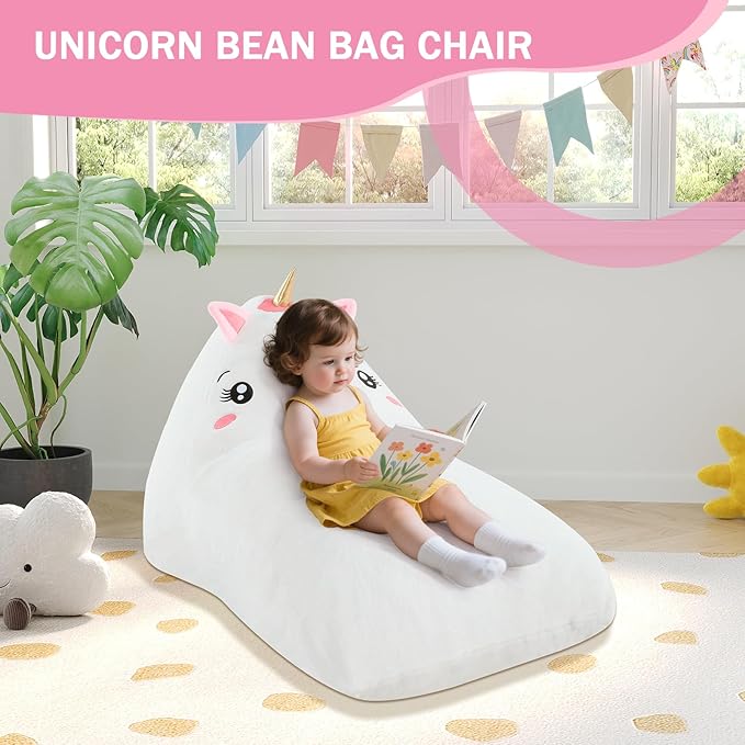 COMAX Unicorn Bean Bag Chairs for Kids, Large Kid Beanbag Chair with Filler, Big Toddler Lounge Bean Chair, Children Lazy Floor Lounger for Girls Boys, White