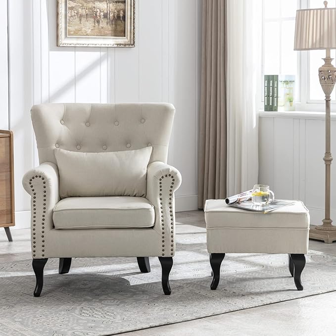 Janoray Mid Century Modern Accent Chair Upholstered Armchair Comfy Linen Fabric Tufted Wingback Single Sofa with Ottoman for Bedroom Living Room, Beige