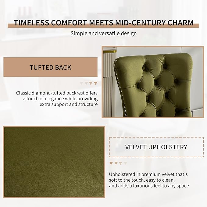 YeahFurn Mid Century Modern Dining Chairs Set of 4, Olive Velvet Upholstered Tufted Back, Kitchen & Dining Room Chairs, Brushed Silver Metal Legs, Nailhead Trim, Sillas para Comedor (Olive, 4 Pcs)
