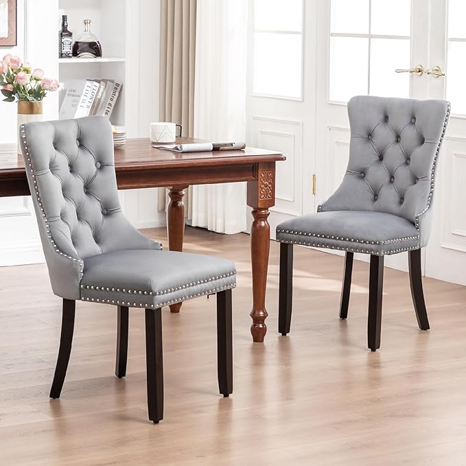 Kiztir Velvet Dining Chairs Set of 2, Upholstered Dining Chairs with Ring Pull Trim and Button Back, Luxury Tufted Dining Chair for Living Room, Bedroom, Kitchen (Gray)