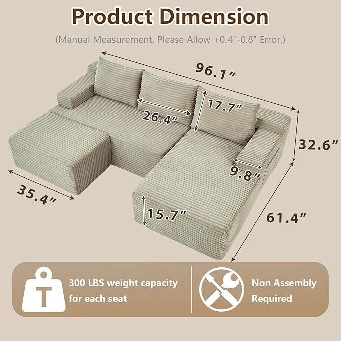 96" U-Shape Cloud Couch, Modern Modular Sectional L-Shape Sofa with Ottoman, Corduroy Upholstered Couches Deep Seat Sleeper Chaise Longue for Living Room, No Assembly Required(Camel, Right Facing)