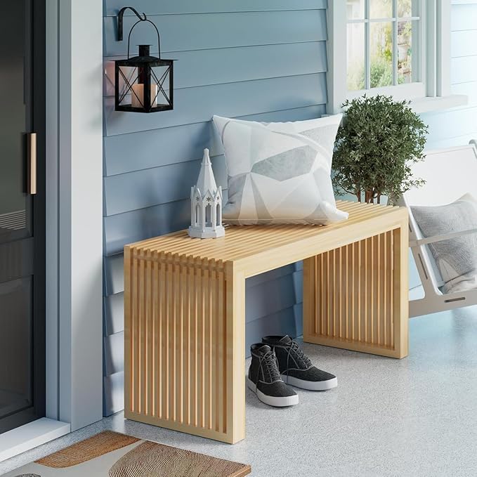 APRTAT Bamboo Dining Bench, 35 inch Farmhouse Decor Indoor Kitchen Table Bench, Entryway Shoe Rack Bench Solid Bamboo Benches for Living Room, Hallway, Bedroom, Bathroom (Nature, Long-Outdoor)