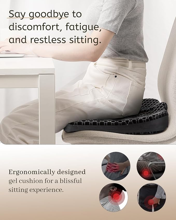 Anzeng Gel Seat Cushion for Long Sitting, Gel Cushion for Pressure Relief, Soft & Breathable, Chair Cushion for Office Chair, Car, Wheelchair, Seat Cushion with Non-Slip Black Cover